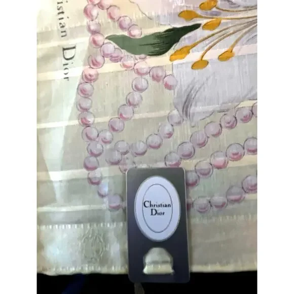 Christian Dior Vintage Floral Pearl Scarf – 20x20 – Silk/Cotton Blend - Picture 5 of 7